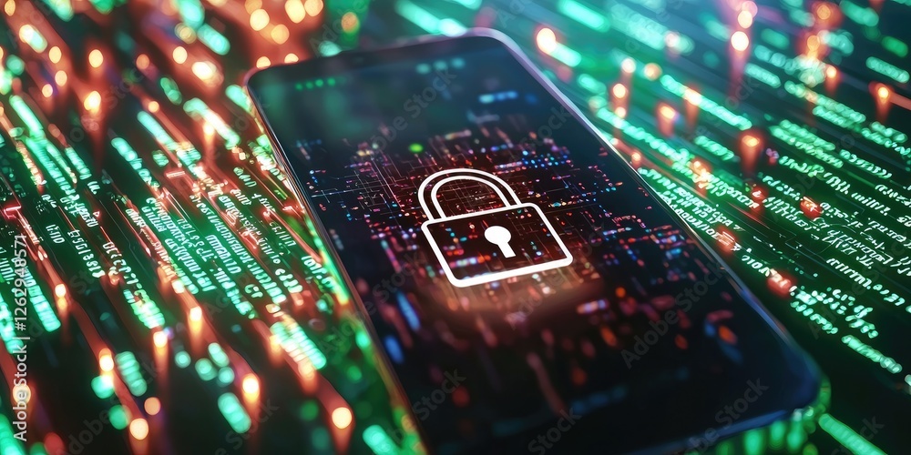 Poster data encryption in action, showcasing a smartphone with a padlock symbol on the screen, surrounded b
