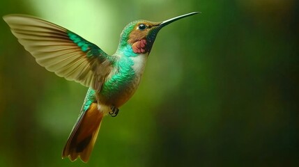 Fototapeta premium Rufous-tailed Hummingbird, Amazilia tzacatl, beautiful flying colorful small hummingbird, Mindo, Ecuador