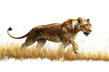 Obraz premium A majestic lioness gracefully strides through tall, golden savanna grass.