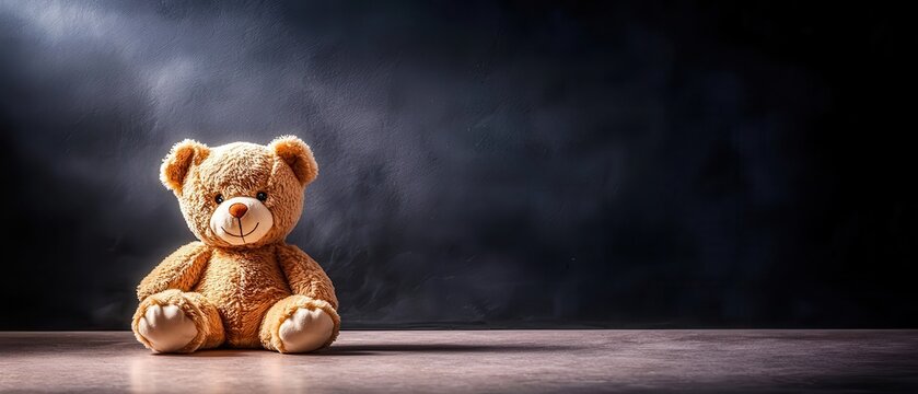 Mental health wellness. Soft teddy bear on a wooden surface against a dark background.