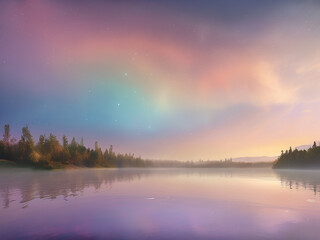 Obraz premium A breathtaking double rainbow arches over a tranquil valley veiled in soft mist, illuminated by the warm glow of a setting sun.