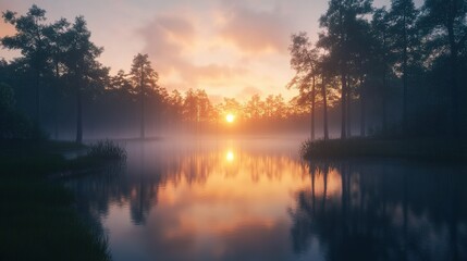 Obraz premium Serene Sunset Over Misty Forest Lake Reflection