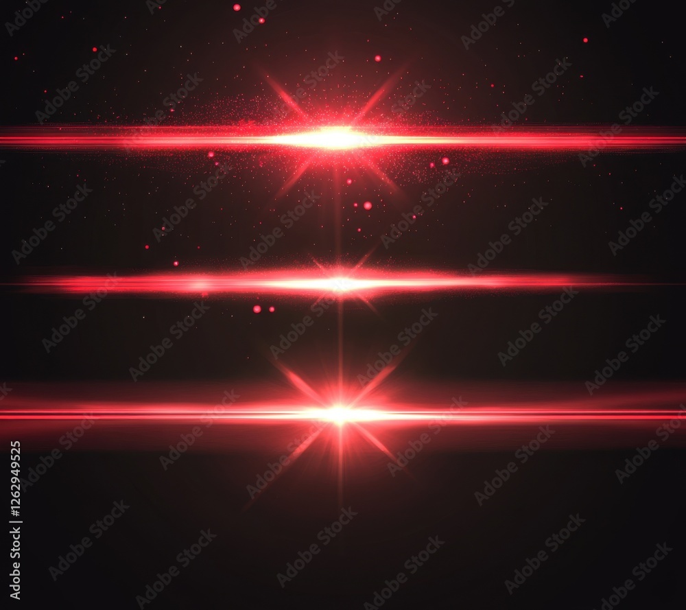Aufkleber red glowing light effect set with lens flare and laser beams on a black background, vector illustrat