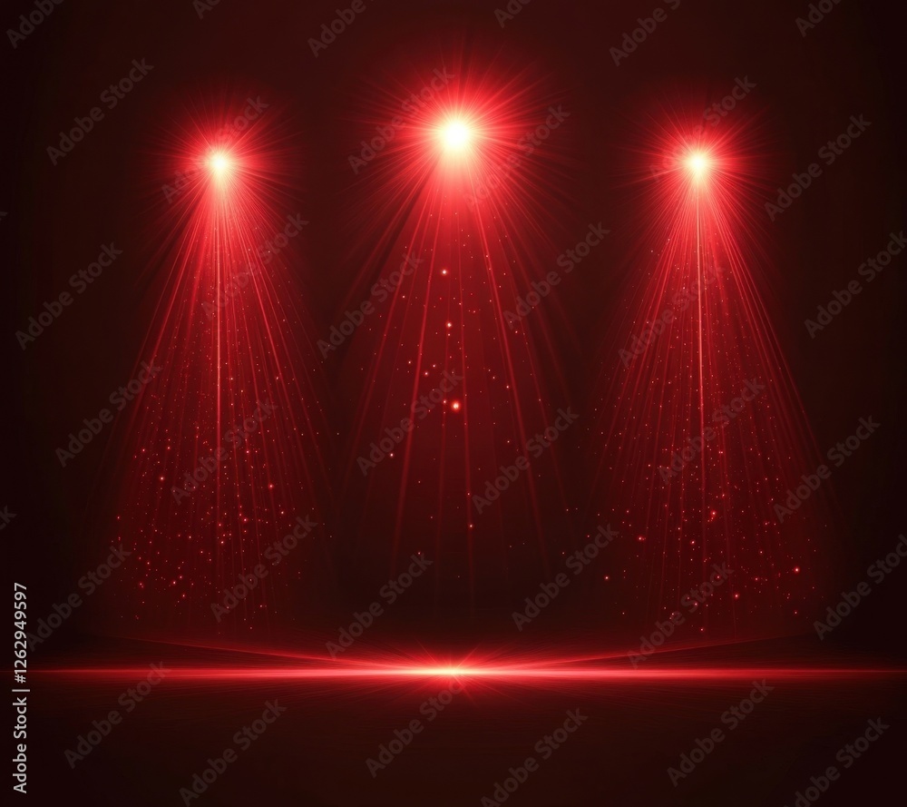Poster red light background with three spotlights shining down on the stage, vector illustration.