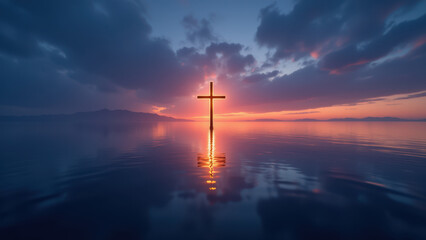 Obraz premium Christian sunset over water with cross silhouette reflection.