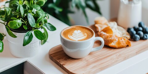 Trendy morning cafe setup with artisanal coffee, minimalist decor, and greenery, highlighting a bustling yet serene atmosphere