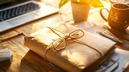 e-commerce growth and online shopping concept. Cozy Workspace with Wrapped Gift and Glasses