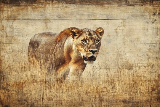 A majestic lioness, alert and watchful, stands in tall savanna grass against a rustic wood backdrop.