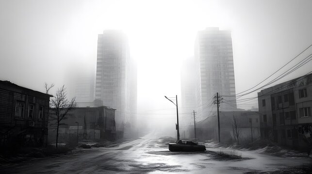 A Dystopian Cityscape Reflecting the Inexorable Decline of Civilization and Human Aspirations