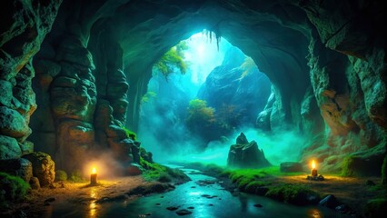 Spooky cave entrance, Halloween mist, eerie shadows dance.