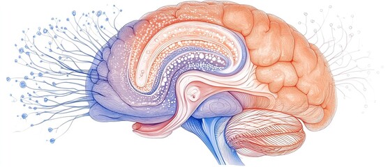 A conceptual illustration of the hypothalamus and limbic systems in the brain, depicting emotional regulation, behavioral response, and neural connections