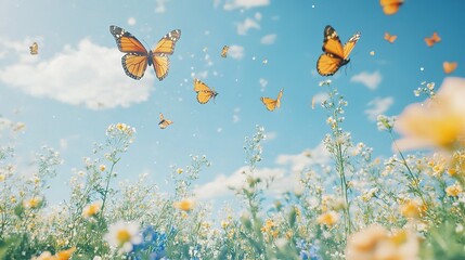 Monarch Butterflies Soaring Over A Sunny Wildflower Meadow