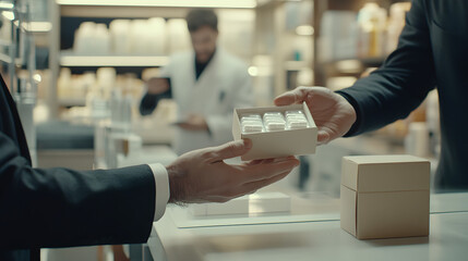 Naklejka premium A cinematic shot of a hand handing over an empty box to another person in front of pharmacy shelves 
