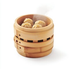 Bamboo Steamer Basket with Dumplings and Steam Rising Above