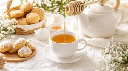 Fototapeta premium Cozy tea time with teapot pouring tea into a mug with biscuits and white flowers