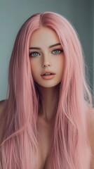 Fototapeta premium Enchanting portrait of a young woman with long pink hair and striking eyes in a modern setting. Generative AI