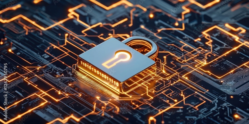 Fototapete data encryption visualized with a locked digital padlock overlaying binary code, representing corpor