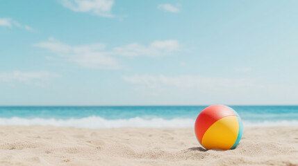 Obraz premium Summer beach vibes with colorful ball and flip flops on sandy shore under blue sky
