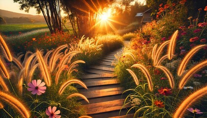 A scenic outdoor setting with warm, golden sunlight at sunset, casting a soft glow over a rustic path surrounded by tall, gently swaying grass