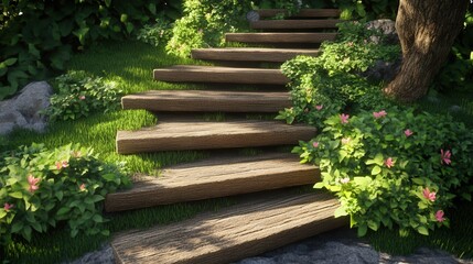 Serene wooden steps entwined with vibrant foliage lead into a peaceful garden oasis at dawn. Generative AI