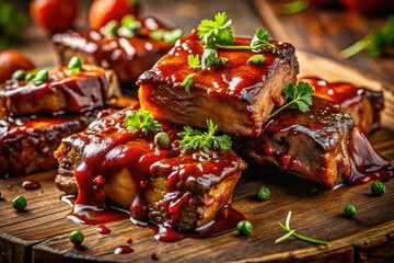 Deep-focus photography captures juicy BBQ, grilled to perfection, with a vibrant barbecue sauce splash.