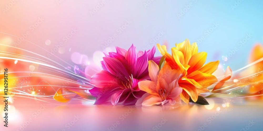 Aufkleber vibrant colors of stunning flowers linked by elegant line connections, captured with soft lighting o