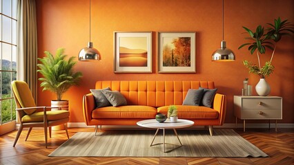 Retro living room, vibrant double exposure, AI art.