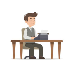 Cartoon Man Typing on Typewriter at Desk