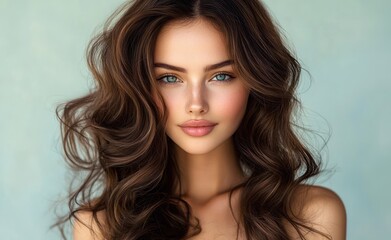 Fototapeta premium Elegant smiling woman with wavy hair and red manicure in a soft light portrait