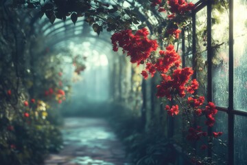 Obraz premium Red bougainvillea blossoms frame a sunlit, misty walkway in a greenhouse.