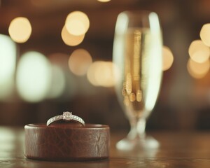A sparkling engagement ring on a wooden surface with a champagne glass in the background, creating a romantic atmosphere.