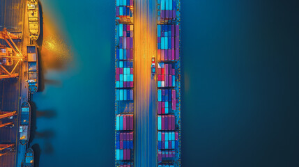 Container truck in ship port for business Logistics and transportation of Container Cargo ship and Cargo plane with working crane bridge in shipyard at sunrise, logistic import export and transport