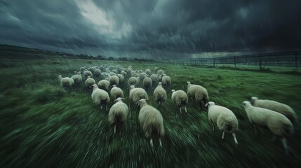 Flock of Sheep Running Across a Lush Green Pasture During a Dramatic Storm