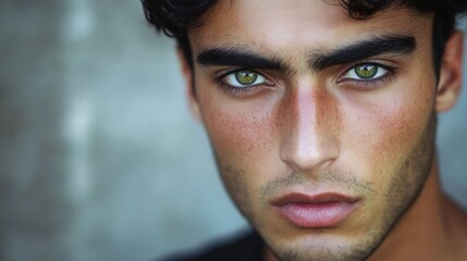 Striking portrait of a young man with captivating green eyes against a textured background. Generative AI