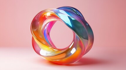 Abstract iridescent holographic curved lines on a pastel pink background. Modern 3D rendering illustration of futuristic abstract design with champagne shiny glossy octahedron.