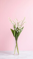 Obraz premium Elegant lily of the valley bouquet in clear vase on soft pink background