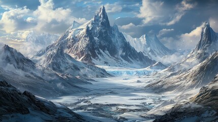 Obraz premium Majestic Snowy Mountains Overlooking a Frozen Valley Landscape