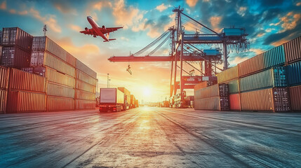 Fototapeta premium Container truck in ship port for business Logistics and transportation of Container Cargo ship and Cargo plane with working crane bridge in shipyard at sunrise, logistic import export and transport