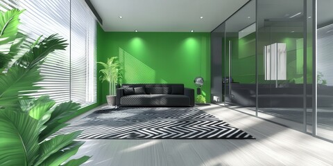 Exquisite 3D-rendered zigzag black-and-white rug rests gracefully on a polished wooden floor, featuring a stark black base accented by a crisp white border