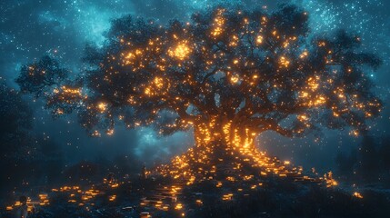 Fototapeta premium Radiant Treehouse of Knowledge with Glowing Books and Vibrant Children Climbing Toward New Heights