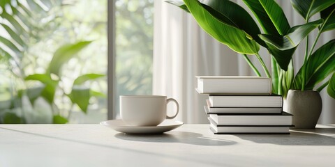 Educational resources in a virtual library environment, stacked digital books beside a cup of coffee, surrounded by soft natural light and a neutral backdrop