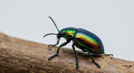 Fototapeta premium Iridescent Leaf Beetle Close-up on Branch with Striking Colors