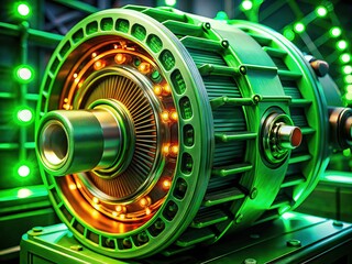 Low-light shot: futuristic green electric motor, close-up engineering.