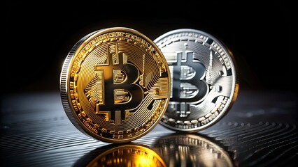 Low-light shot of Bitcoin, gold, and silver coins against a dark background.