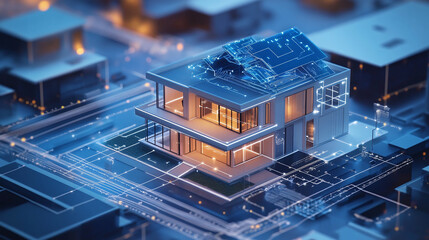 Obraz premium A digital blueprint of a smart home, showing floor plans, electrical wiring, and 3D rendering