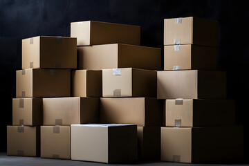 Fototapeta premium A neatly arranged pile of cardboard boxes ready for delivery in a warehouse black background