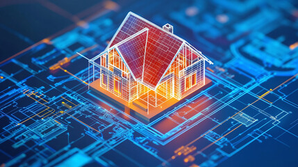 A digital blueprint of a smart home, showing floor plans, electrical wiring, and 3D rendering