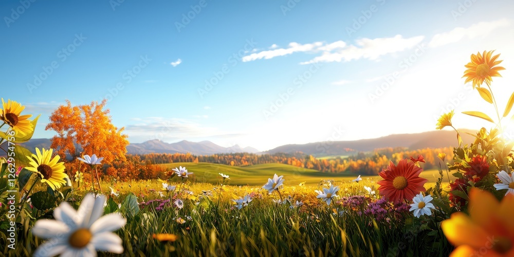 Poster line connection through a meadow of wildflowers, soft breeze creating gentle movement, with distant hills under a clear blue sky