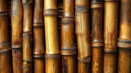 Close up Texture of Golden Brown Bamboo Poles Natural Background Exotic Asian Design Element