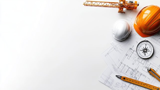 Building blueprints, a safety helmet, and a tape measure on an engineer's desk set against a blurred construction background